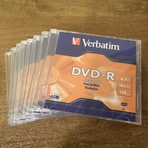 Lot of 8 Verbatim DVD-R 4.7 GB 16X‎ Recordable Blank Discs New Sealed Slim Cases